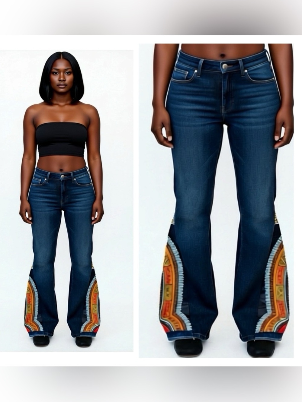 UPCYCLED Dark Blue Women's Flared Jeans with Ankara Fabric Side Panels